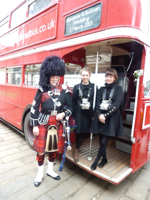 Jim with the two Clippies on the Big Red Bus at Hopetoun House.